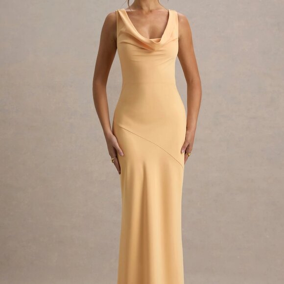 Club L London Alesso | Peach Satin Cowl-Neck Maxi Dress - US 2 - Picture 1 of 7